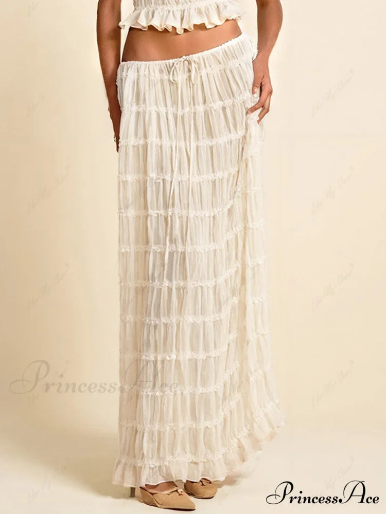 Charm Pleated Drawstring Charming Waist Tiered Maxi Skirt