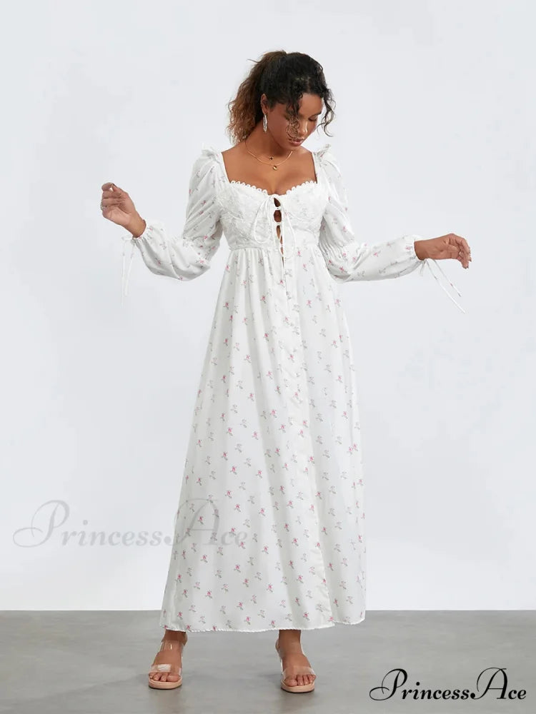 Charming Flower Pattern Puffed Sleeve Tall Split Flower Dress