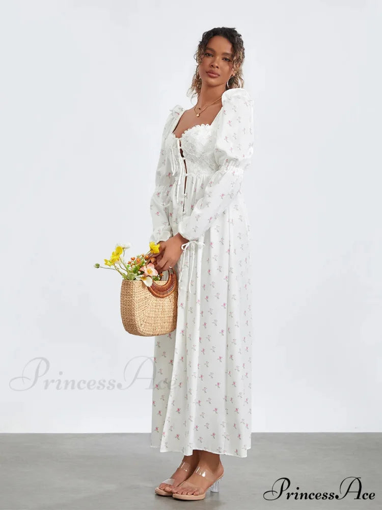Charming Flower Pattern Puffed Sleeve Tall Split Flower Dress