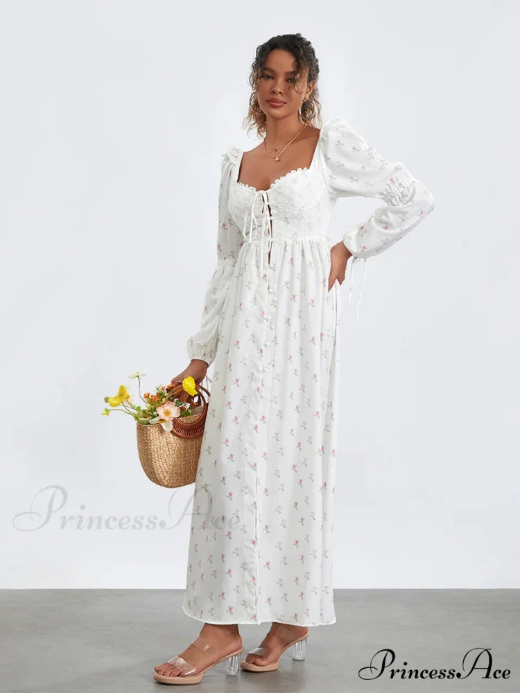 Charming Flower Pattern Puffed Sleeve Tall Split Flower Dress