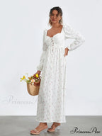 Charming Flower Pattern Puffed Sleeve Tall Split Flower Dress