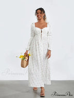 Charming Flower Pattern Puffed Sleeve Tall Split Flower Dress