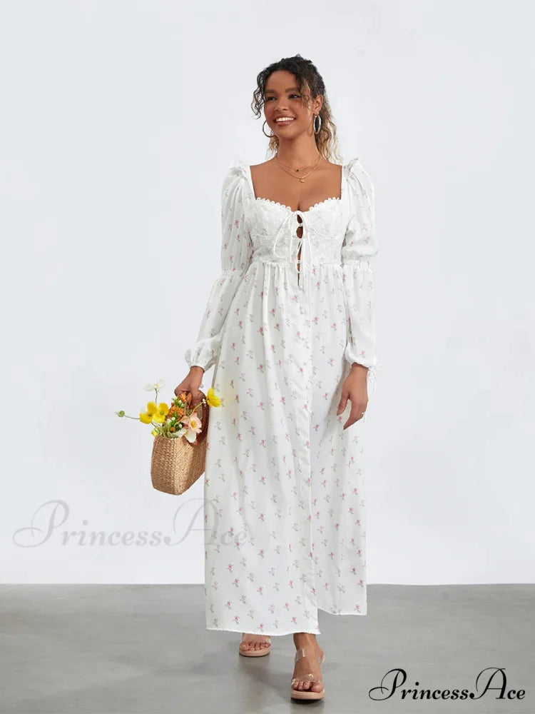Charming Flower Pattern Puffed Sleeve Tall Split Flower Dress
