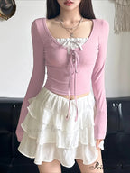 Charming Patchwork Bandage Slim Square Collar Knit Top