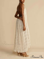 Charming Pleated Drawstring Waist Graceful Tiered Halterneck Midi Dress