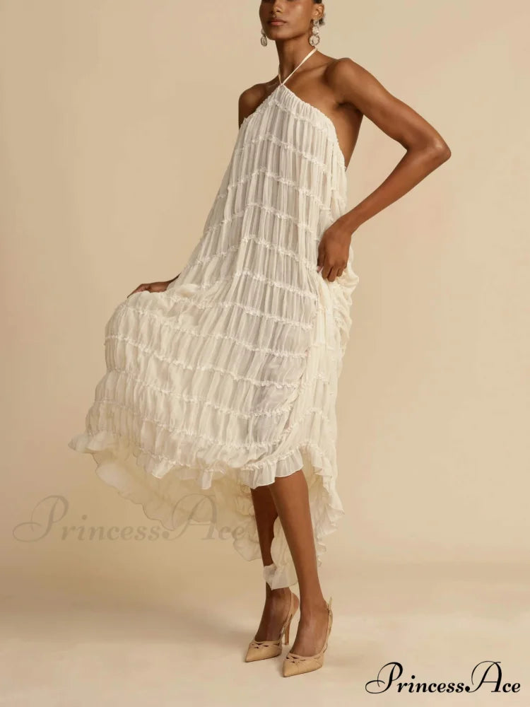 Charming Pleated Drawstring Waist Graceful Tiered Halterneck Midi Dress