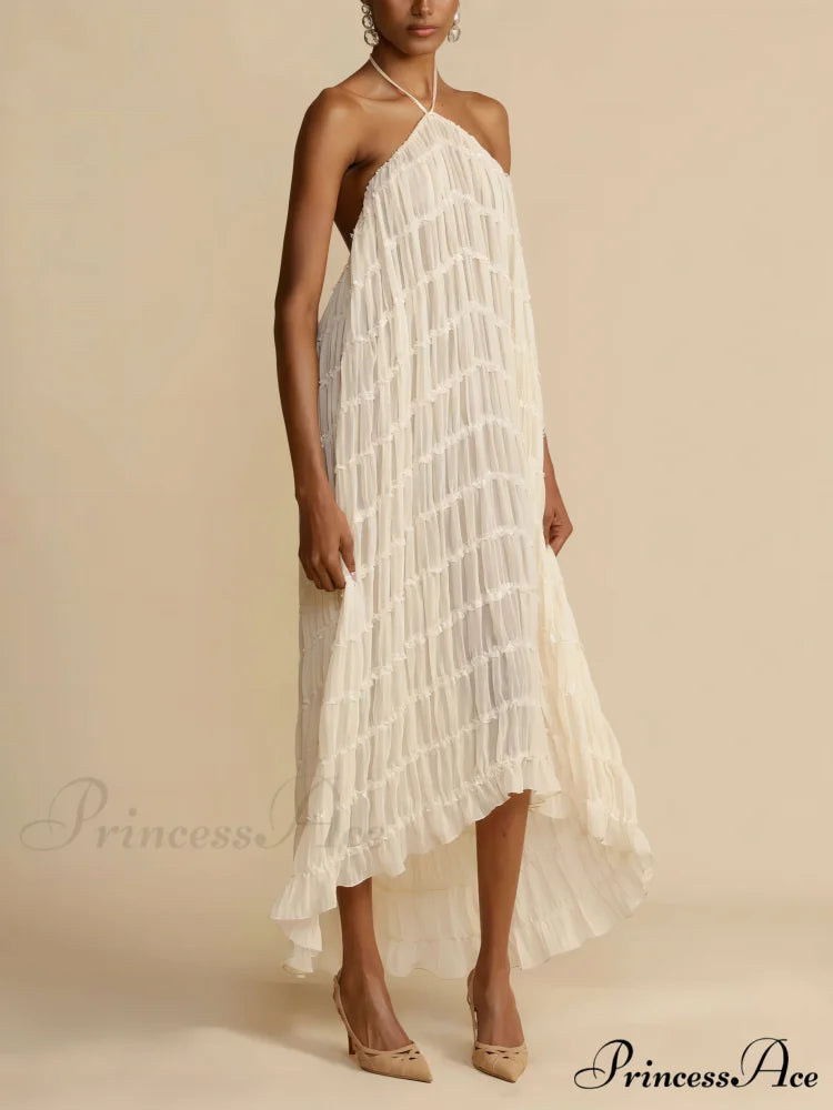 Charming Pleated Drawstring Waist Graceful Tiered Halterneck Midi Dress
