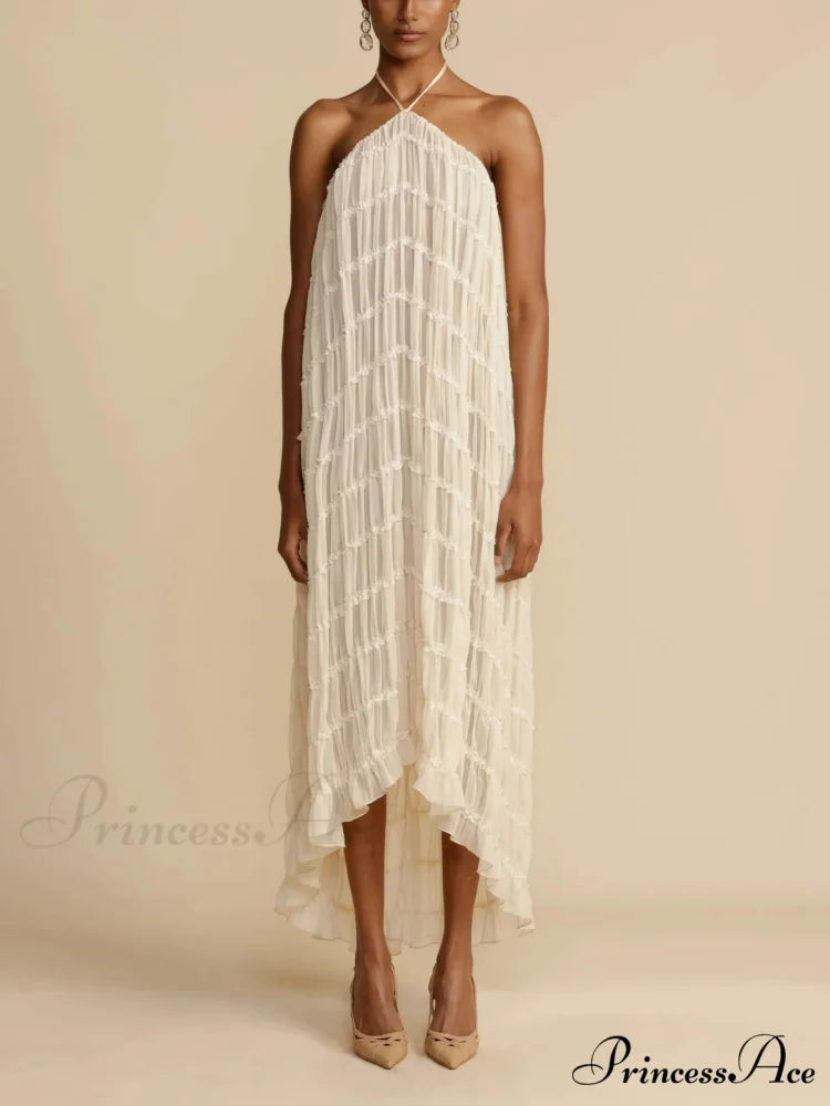 Charming Pleated Drawstring Waist Graceful Tiered Halterneck Midi Dress