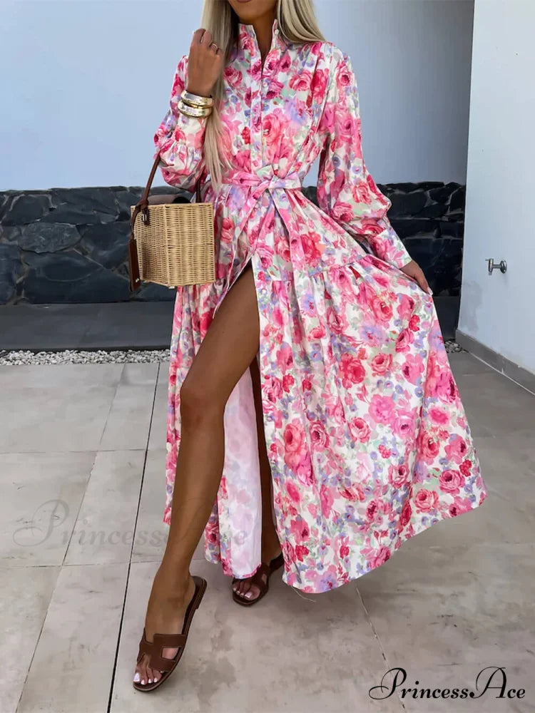 Charming Printed Shirt Buttons Graceful Plain Gold Floral Maxi Dress