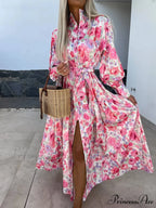 Charming Printed Shirt Buttons Graceful Plain Gold Floral Maxi Dress