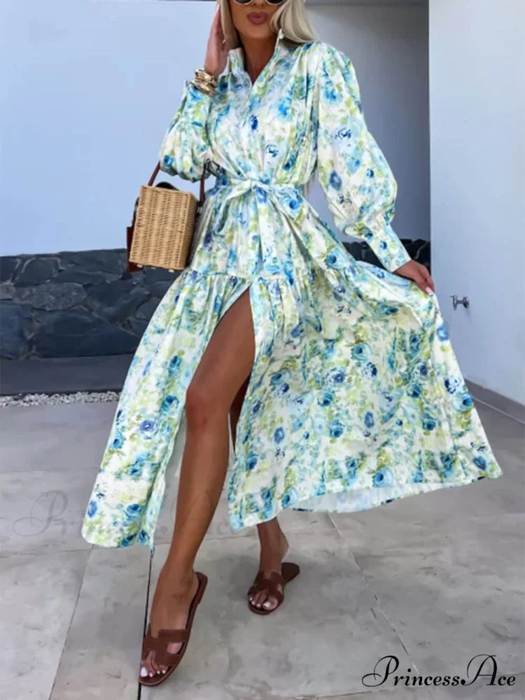 Charming Printed Shirt Buttons Graceful Plain Gold Floral Maxi Dress