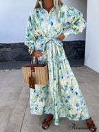 Charming Printed Shirt Buttons Graceful Plain Gold Floral Maxi Dress