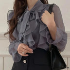 Charming Ribbon Chiffon Informal Extended Sleeve Blouse