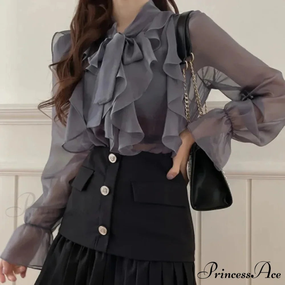 Charming Ribbon Chiffon Informal Extended Sleeve Blouse