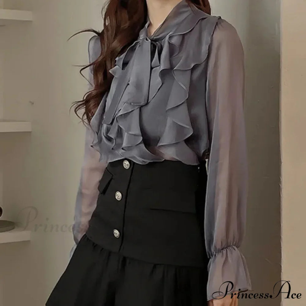 Charming Ribbon Chiffon Informal Extended Sleeve Blouse