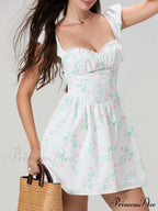 Charming Sophisticated Flower Corset Mini Lace Trim Deep V-Neck Backless A-Line Dress