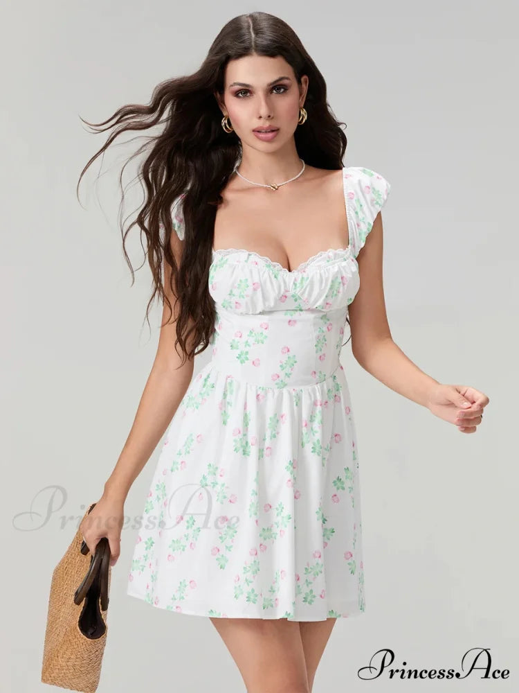 Charming Sophisticated Flower Corset Mini Lace Trim Deep V-Neck Backless A-Line Dress