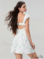 Charming Sophisticated Flower Corset Mini Lace Trim Deep V-Neck Backless A-Line Dress