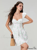 Charming Sophisticated Flower Corset Mini Lace Trim Deep V-Neck Backless A-Line Dress