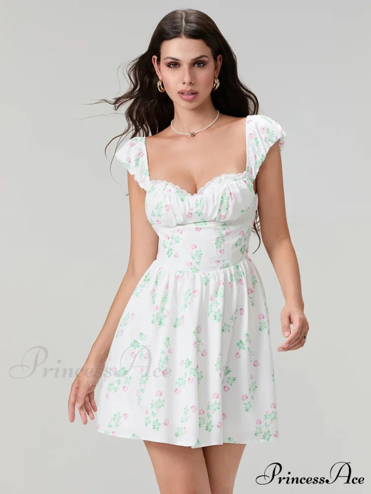 Charming Sophisticated Flower Corset Mini Lace Trim Deep V-Neck Backless A-Line Dress