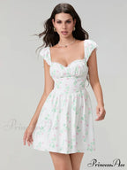 Charming Sophisticated Flower Corset Mini Lace Trim Deep V-Neck Backless A-Line Dress