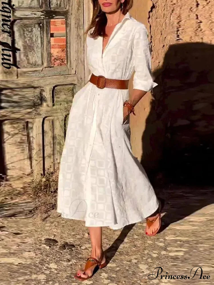 Check Print Belt Button Graceful Pocket Long Sleeve Midi Dress