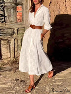 Check Print Belt Button Graceful Pocket Long Sleeve Midi Dress