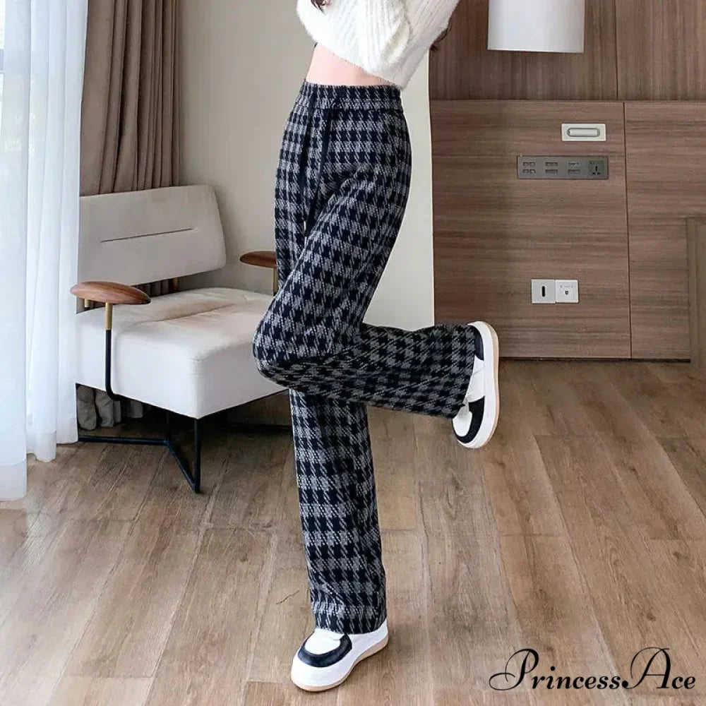 Checked Cinched Casual Wide Leg Trousers