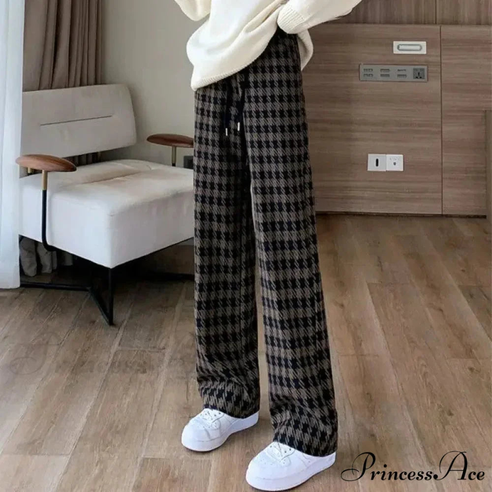 Checked Cinched Casual Wide Leg Trousers