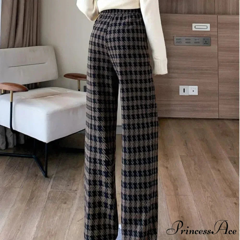 Checked Cinched Casual Wide Leg Trousers