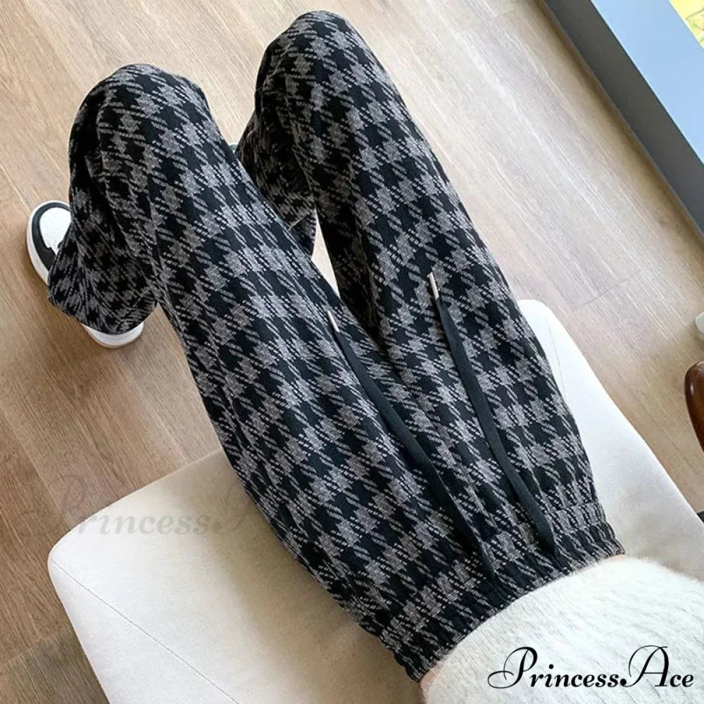 Checked Cinched Casual Wide Leg Trousers