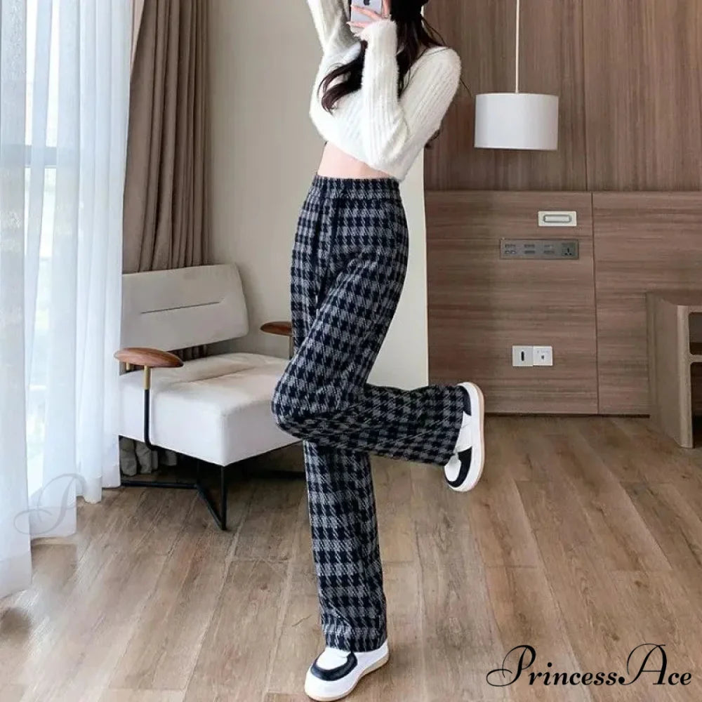 Checked Cinched Casual Wide Leg Trousers