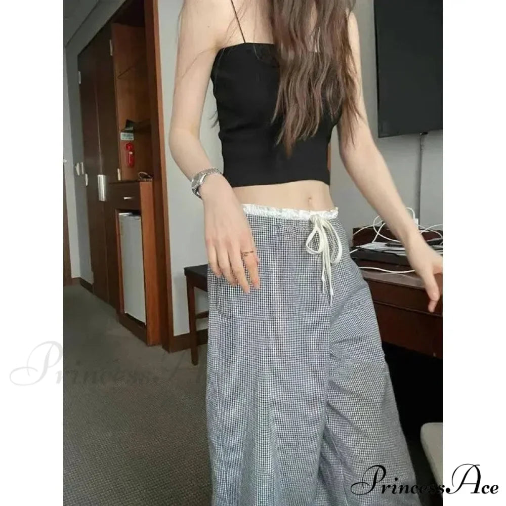 Checked Elevated Waist Loose Trousers