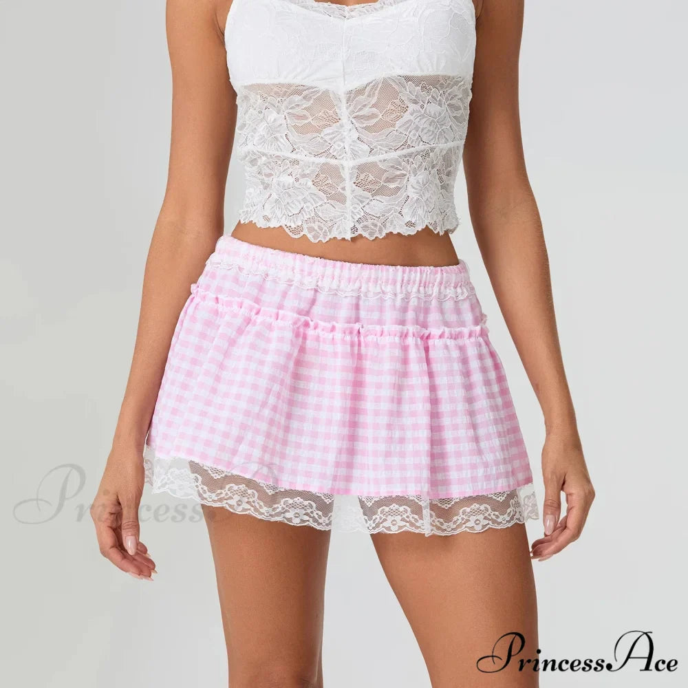Checkered Blossom Lace Patchwork Skirt
