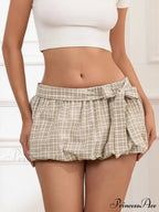 Checkered Bow Bandage Pleated Skirt
