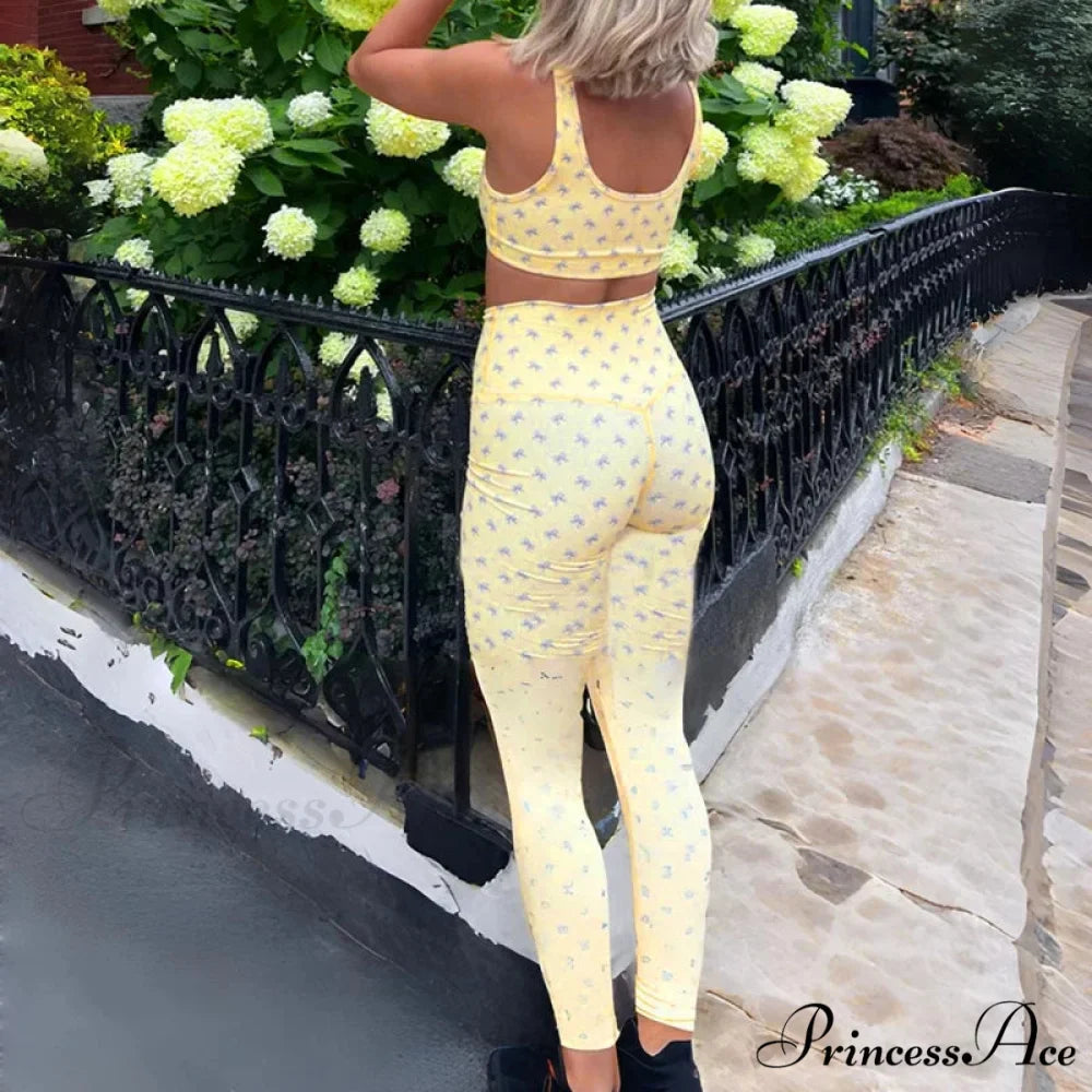 Checkered Bow Print Cropped Tank High Waist Slim Leggings Two Pieces Set