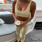 Checkered Bow Print Cropped Tank High Waist Slim Leggings Two Pieces Set