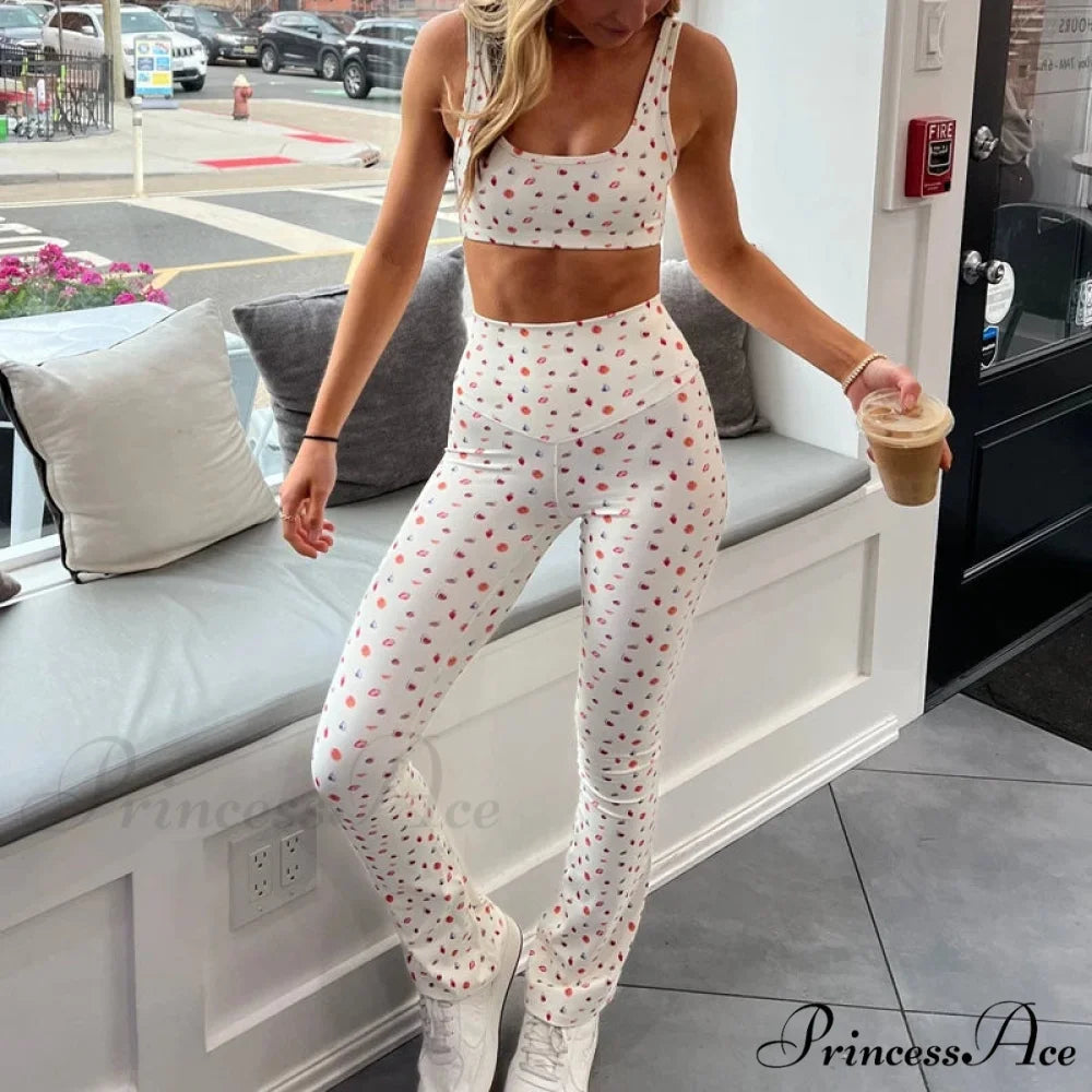 Checkered Bow Print Cropped Tank High Waist Slim Leggings Two Pieces Set