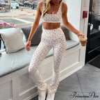 Checkered Bow Print Cropped Tank High Waist Slim Leggings Two Pieces Set