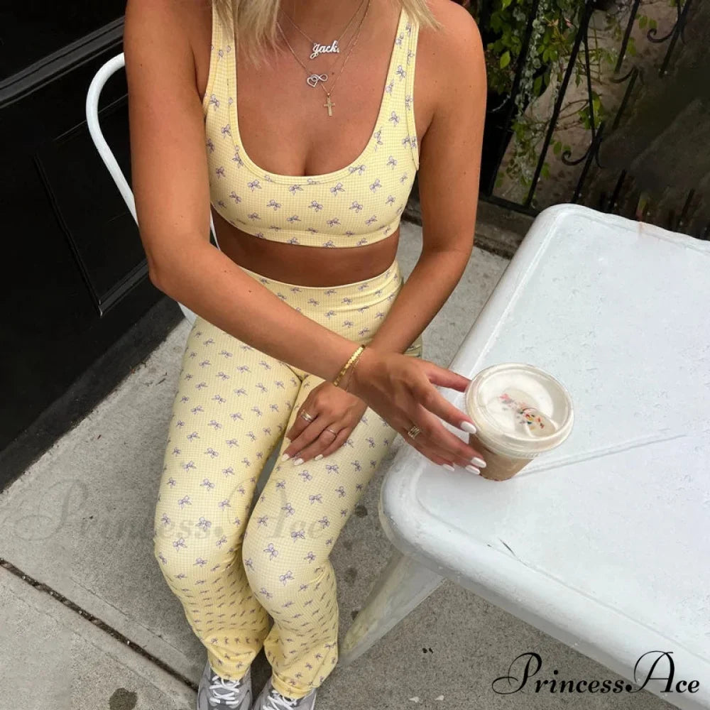 Checkered Bow Print Cropped Tank High Waist Slim Leggings Two Pieces Set