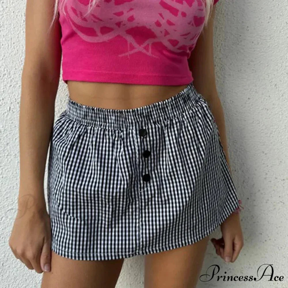 Checkered Button Embellished Flared Skirt