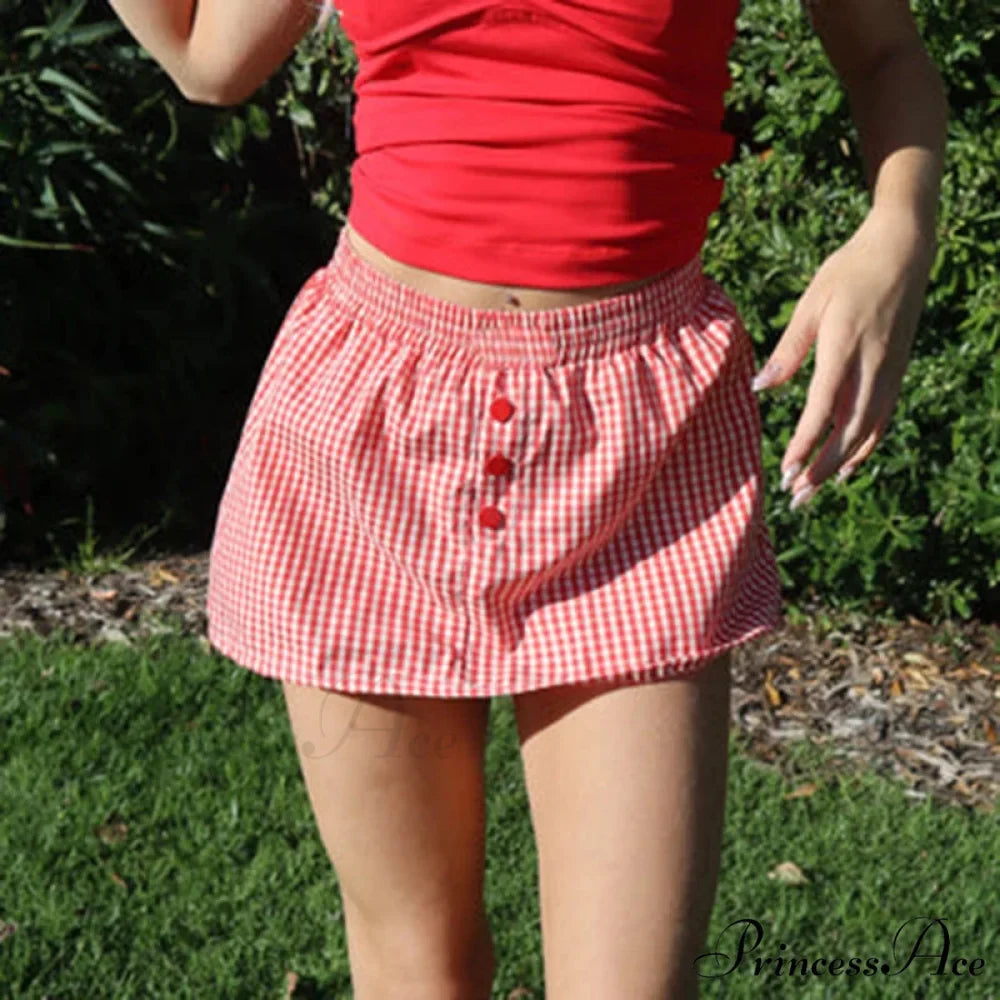 Checkered Button Embellished Flared Skirt