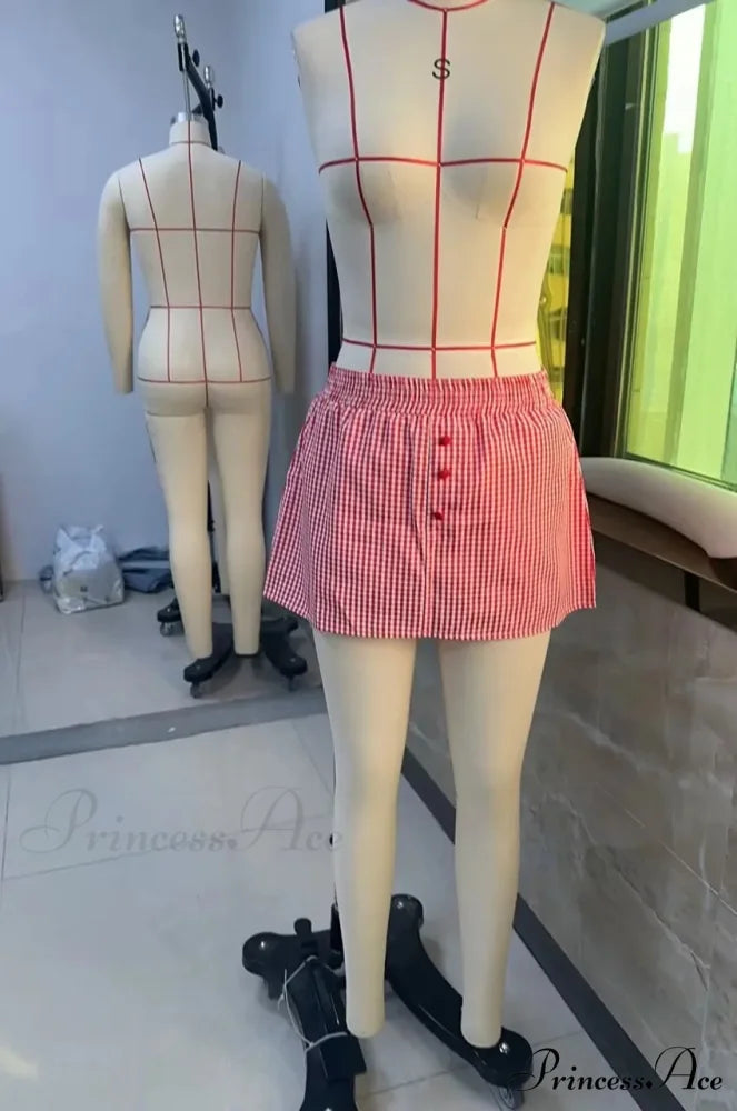 Checkered Button Embellished Flared Skirt