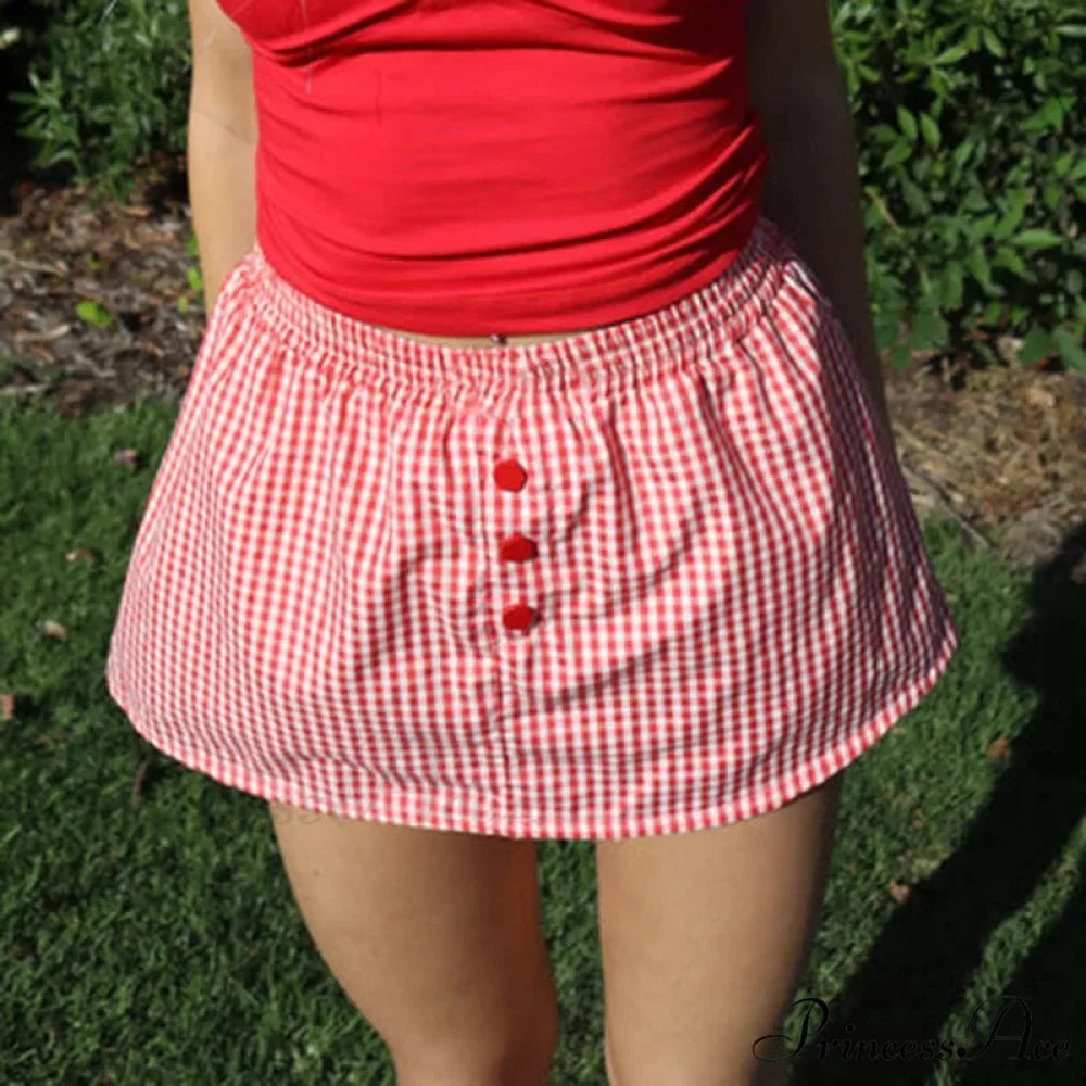 Checkered Button Embellished Flared Skirt