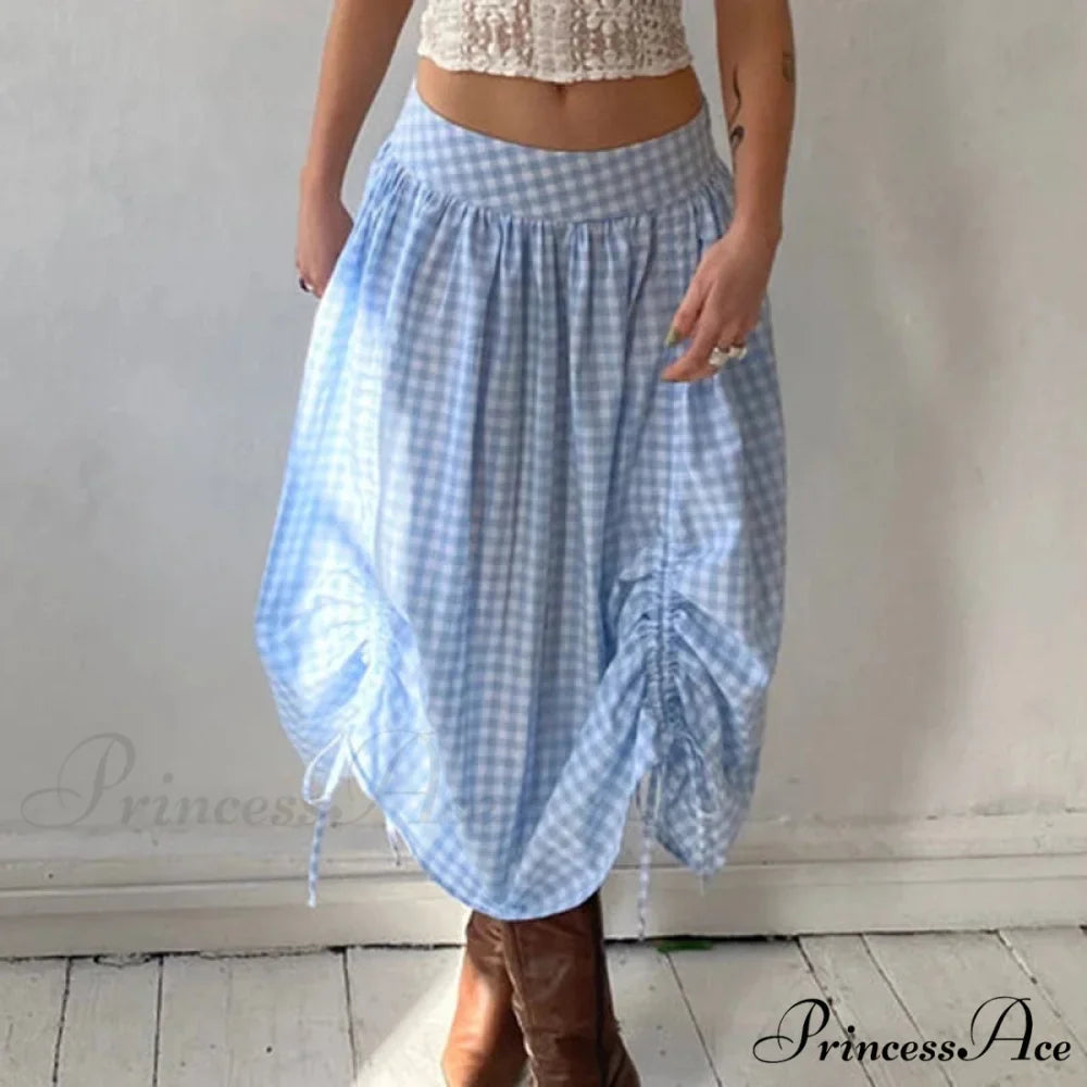 Checkered Cinched Waist Long Skirt