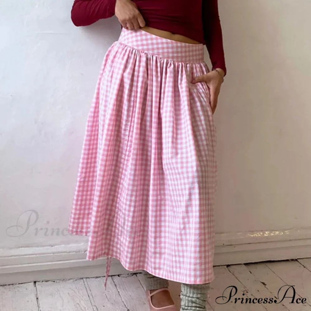 Checkered Cinched Waist Long Skirt