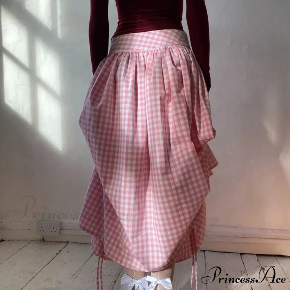 Checkered Cinched Waist Long Skirt