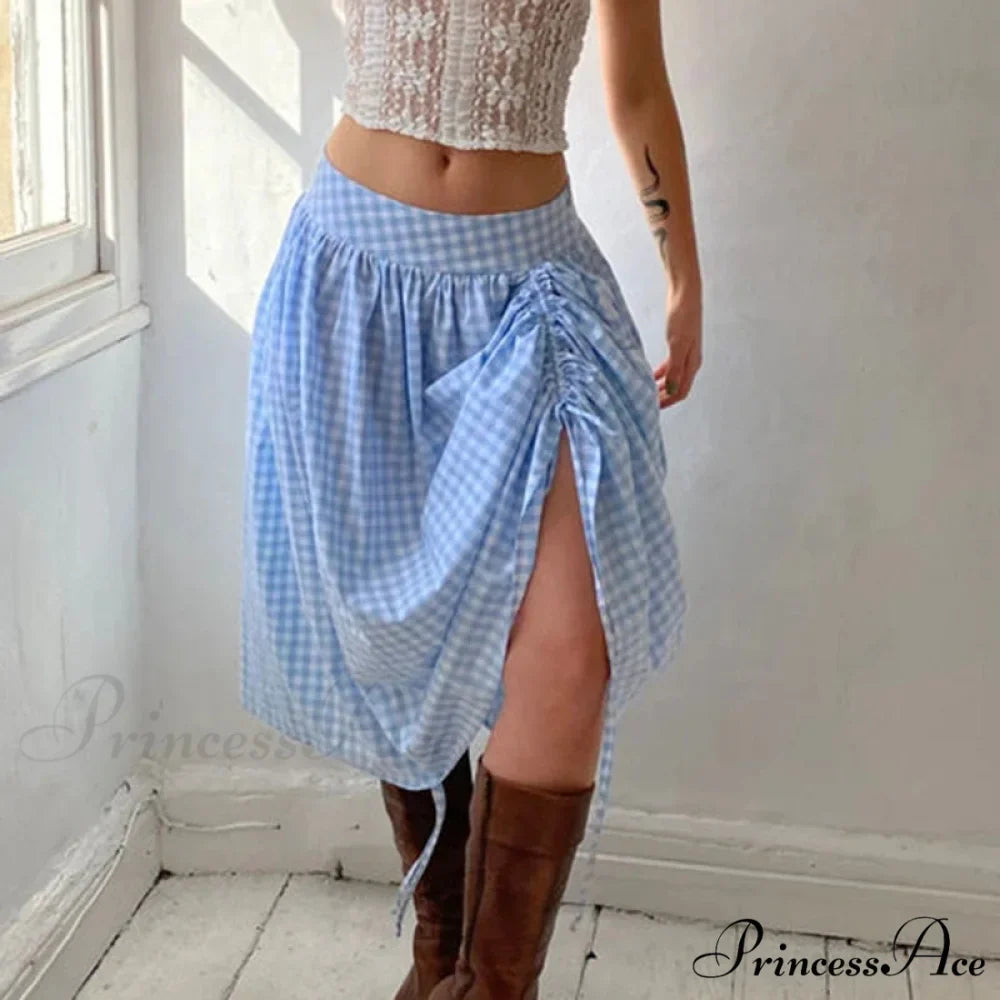 Checkered Cinched Waist Long Skirt