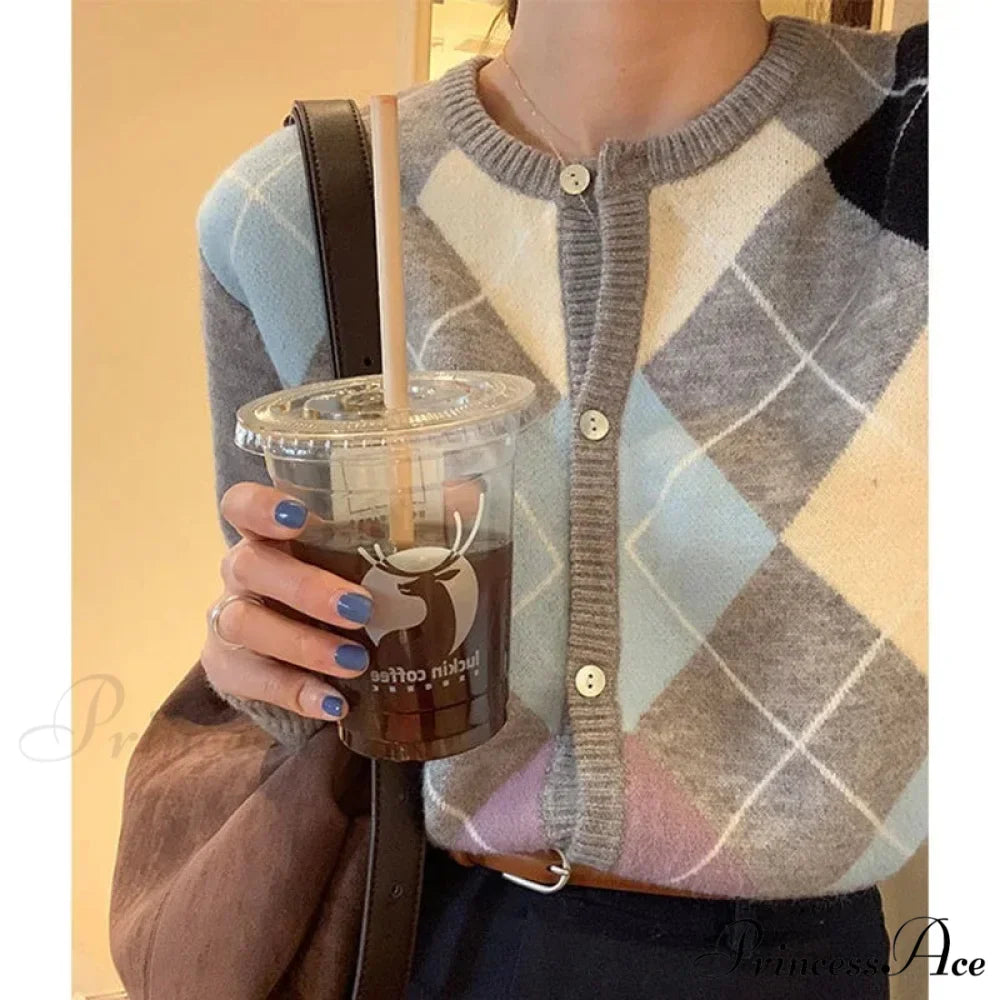 Checkered Circular Neck Baggy Knit Cardigan