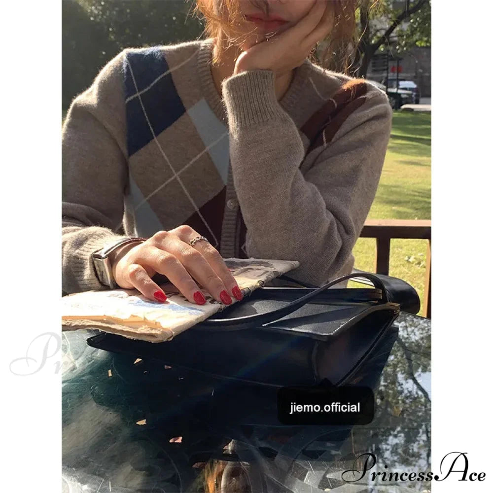 Checkered Circular Neck Baggy Knit Cardigan